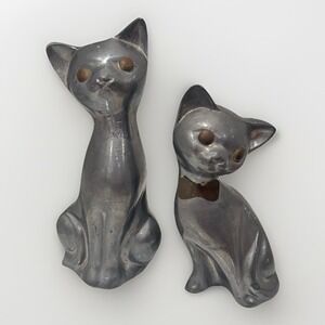 Pair of Vintage MCM Cat Figurines Pewter with Brass‎ Eyes & Bow Tie Made In HK